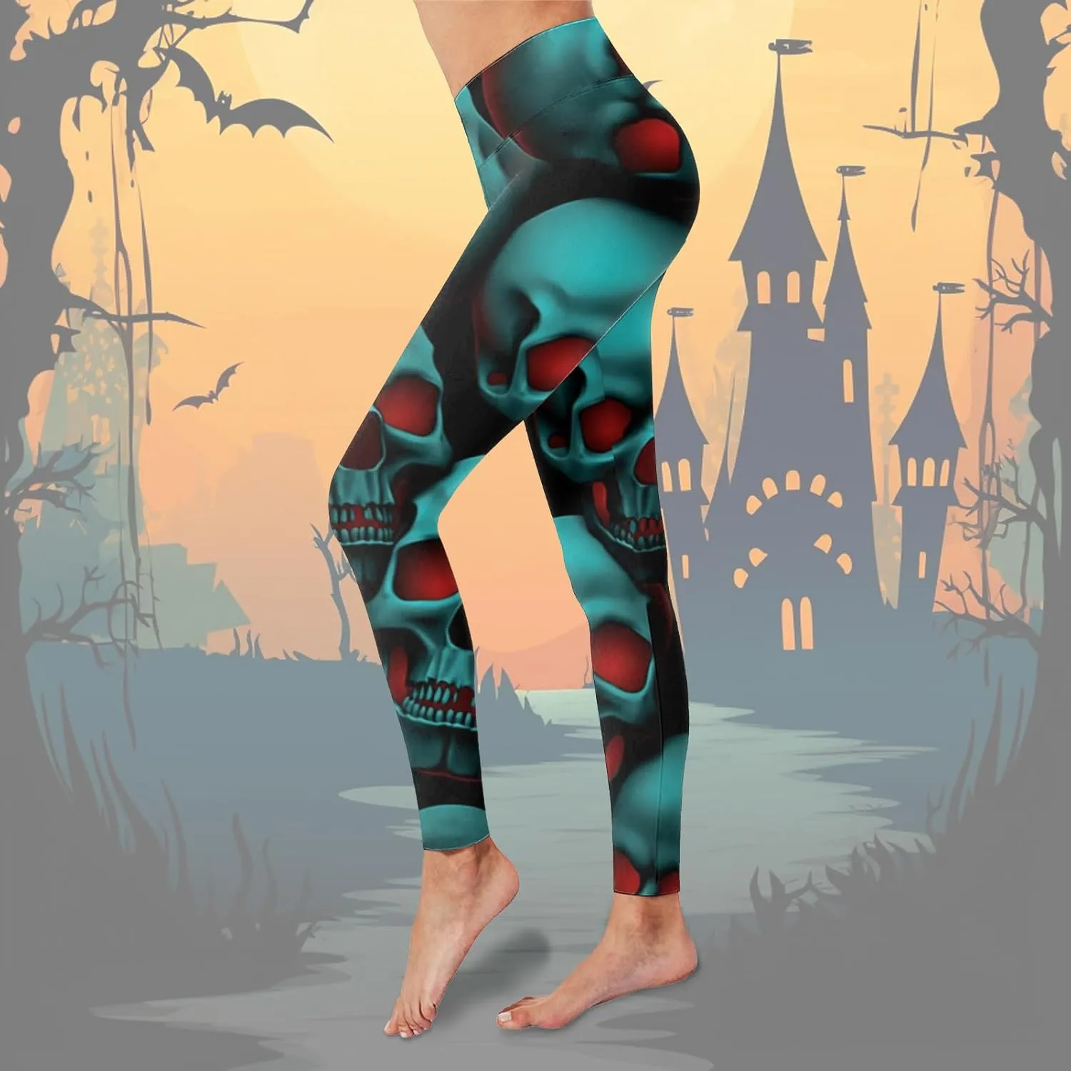 AMDBEL Halloween Leggings with Pockets, Soft High Waist Halloween Pumpkin Head Stripe Print Legging Slim Yoga Fitness Running