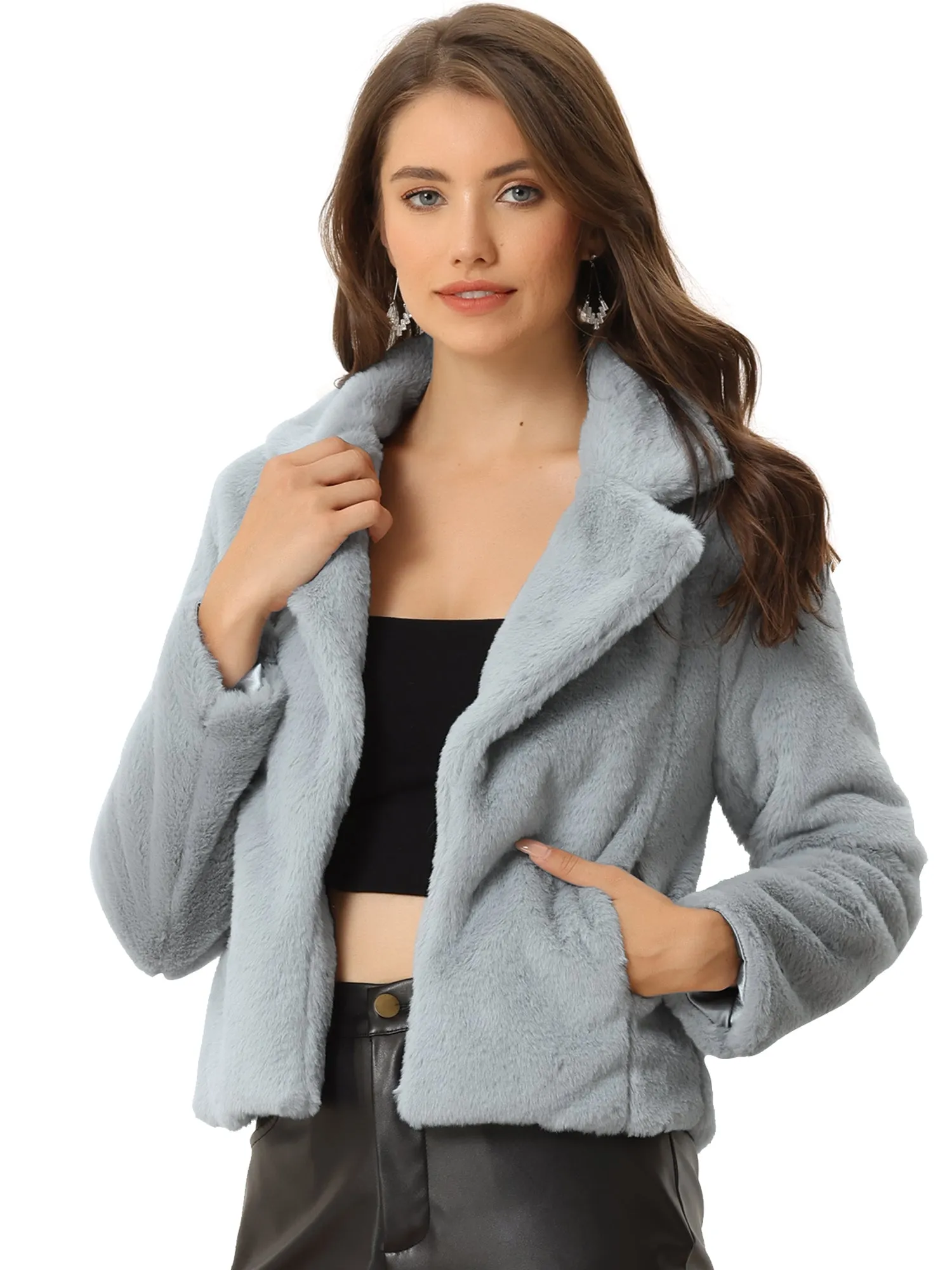 Autumn Winter Cropped Jacket Notch Lapel Faux Fur Fluffy Coat