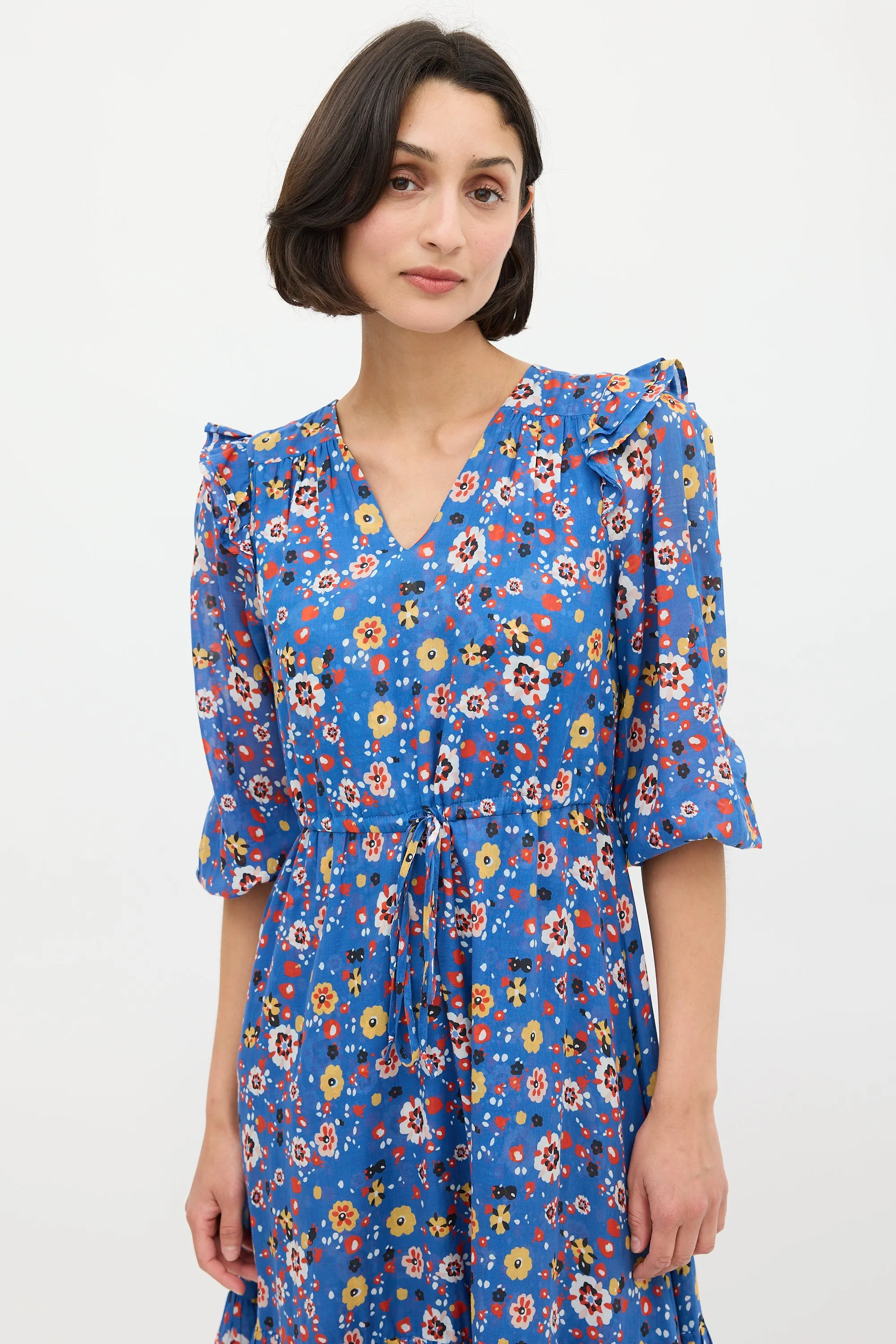 Blue & Multicolour Floral Ruffled Midi Dress