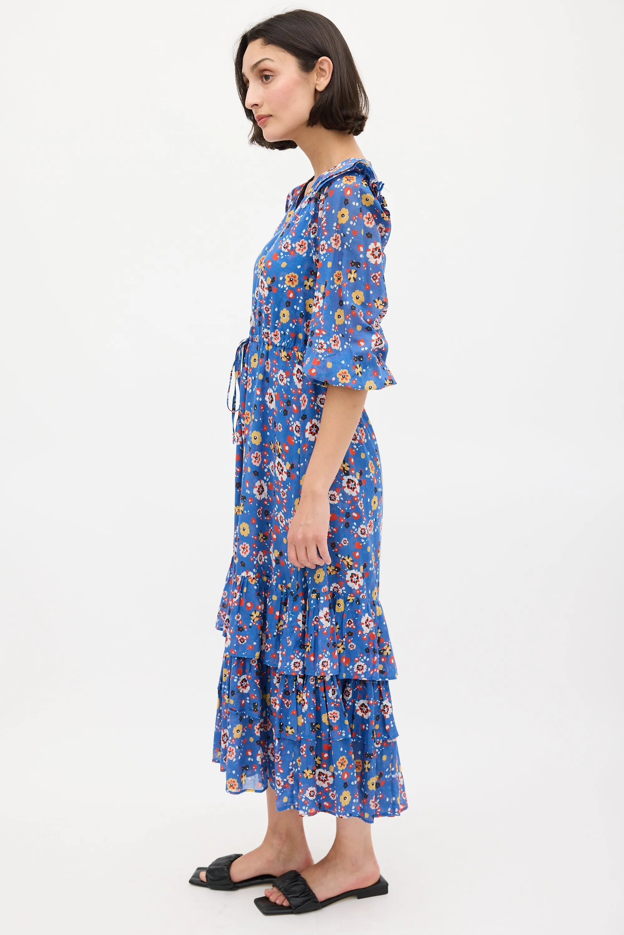 Blue & Multicolour Floral Ruffled Midi Dress