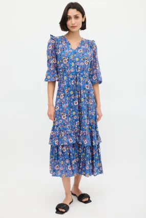 Blue & Multicolour Floral Ruffled Midi Dress