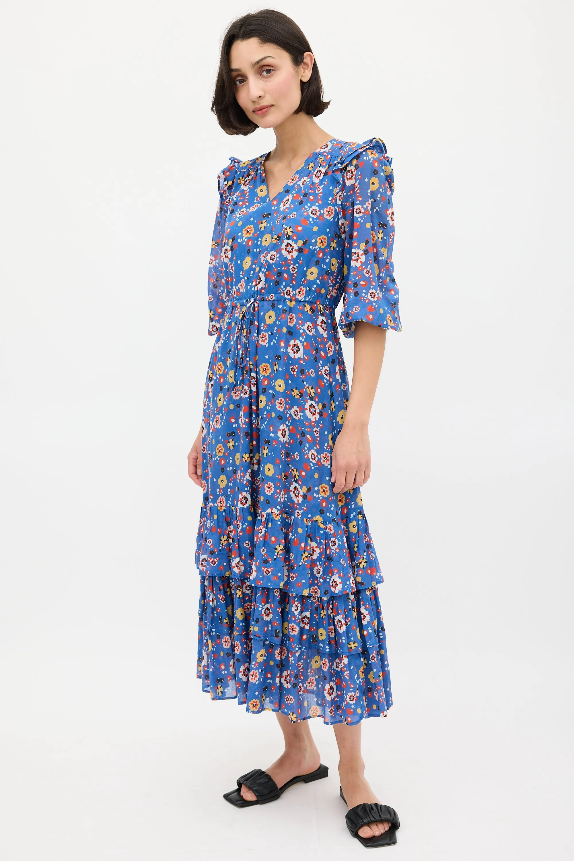 Blue & Multicolour Floral Ruffled Midi Dress
