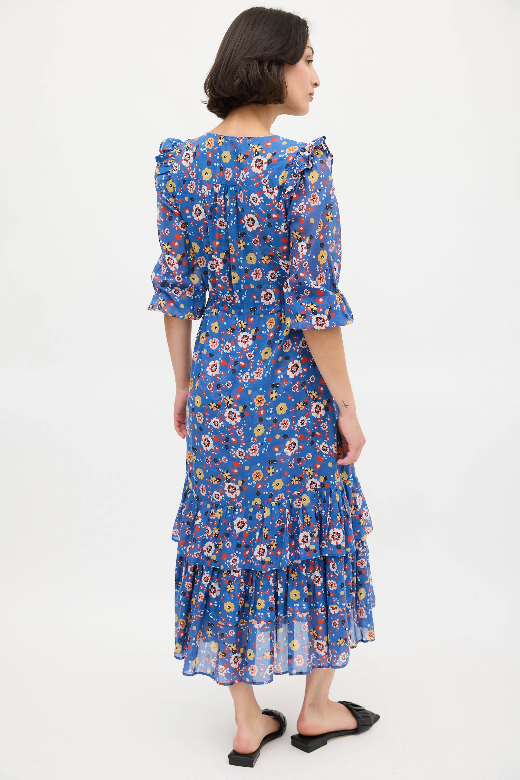 Blue & Multicolour Floral Ruffled Midi Dress