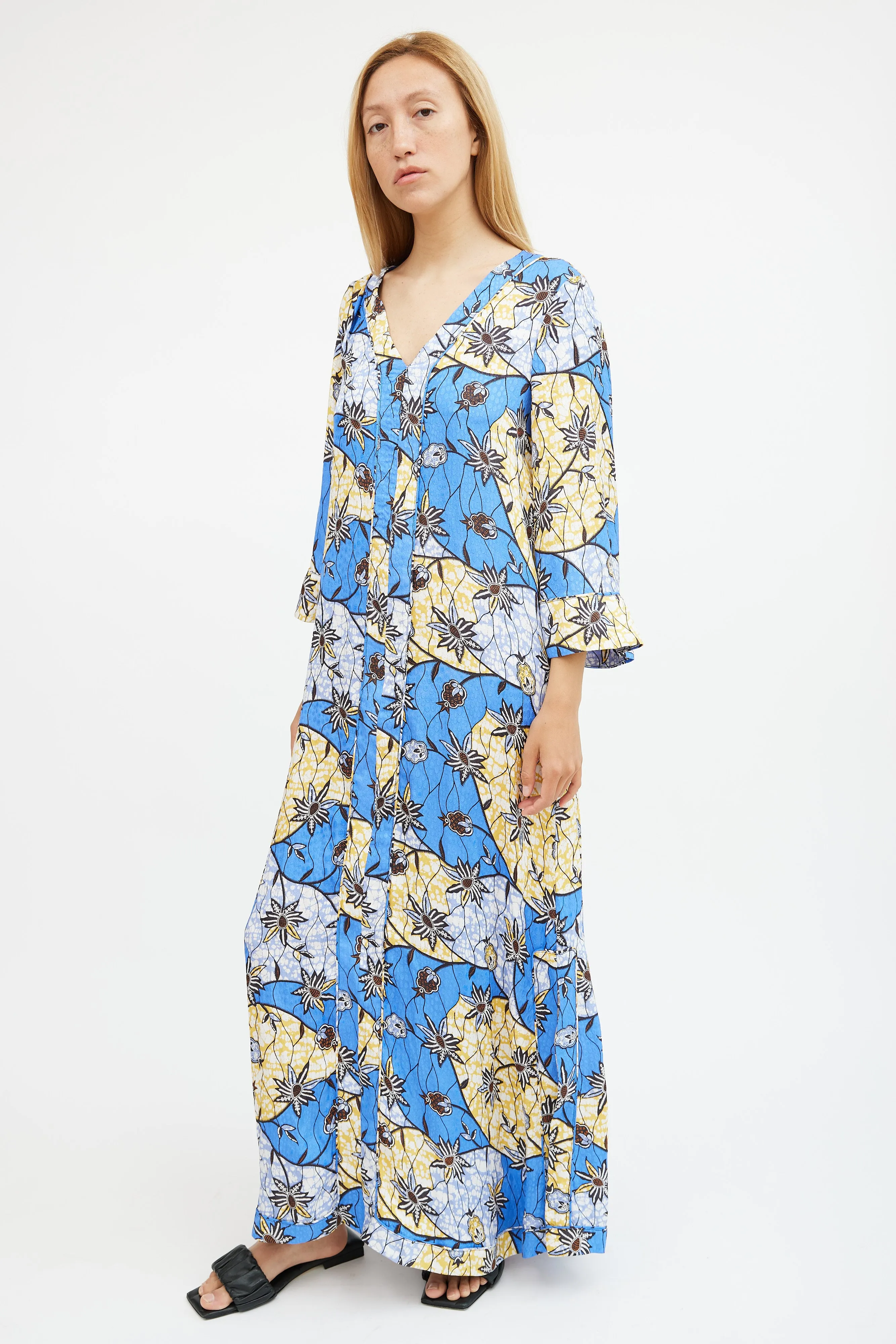 Blue & Yellow Silk Floral Maxi  Dress