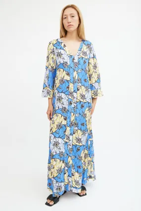 Blue & Yellow Silk Floral Maxi  Dress