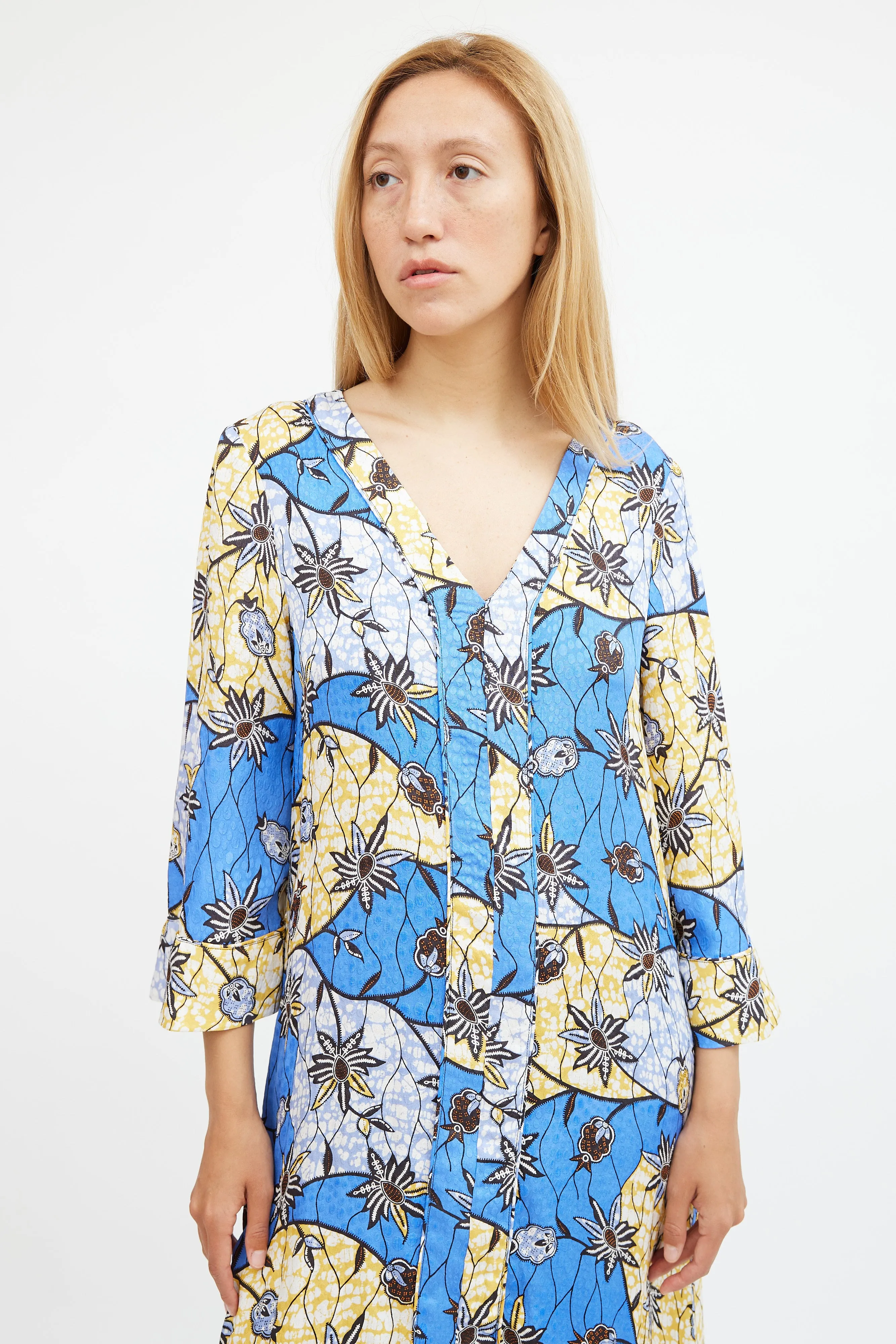 Blue & Yellow Silk Floral Maxi  Dress