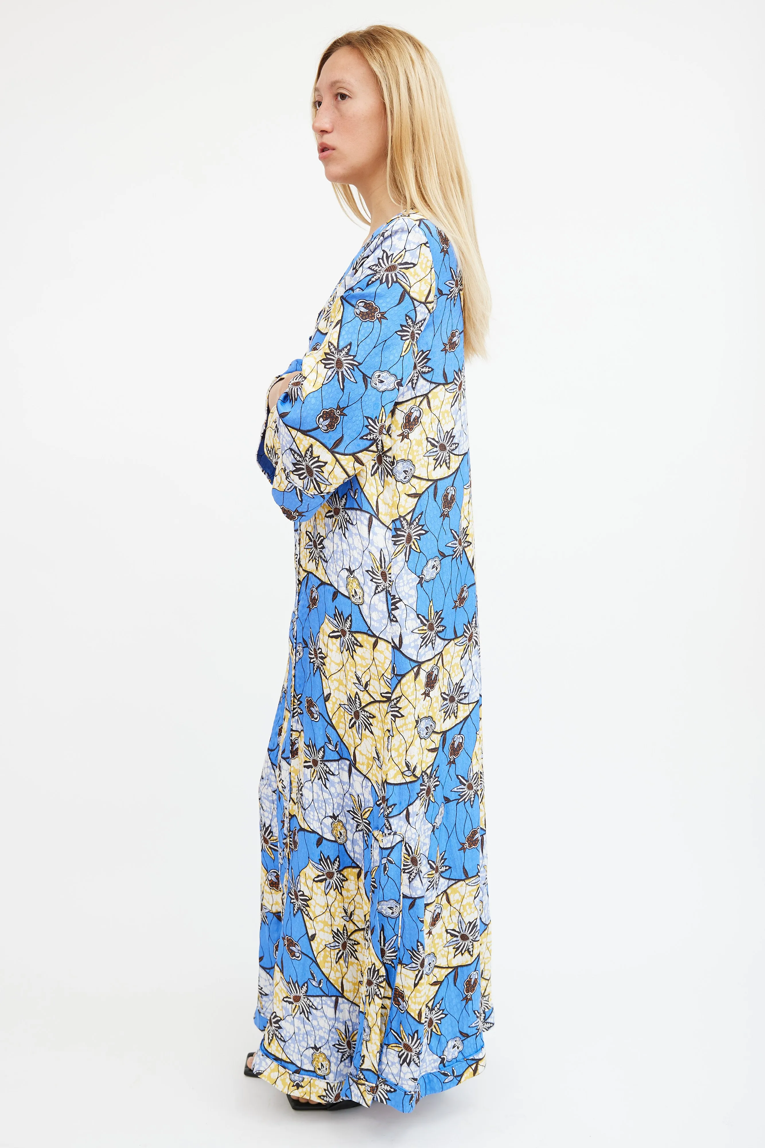 Blue & Yellow Silk Floral Maxi  Dress
