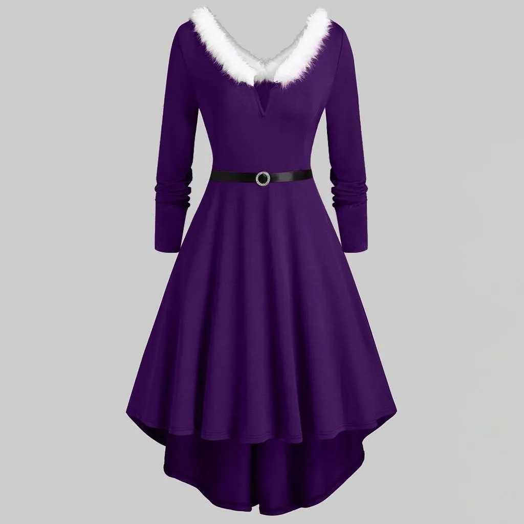 Christmas Dresses for Women Oversize Stylish Furry V Neck Long Sleeve Dress High Low Swing Party Dresses with Blet