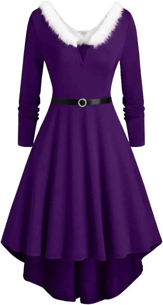Christmas Dresses for Women Oversize Stylish Furry V Neck Long Sleeve Dress High Low Swing Party Dresses with Blet