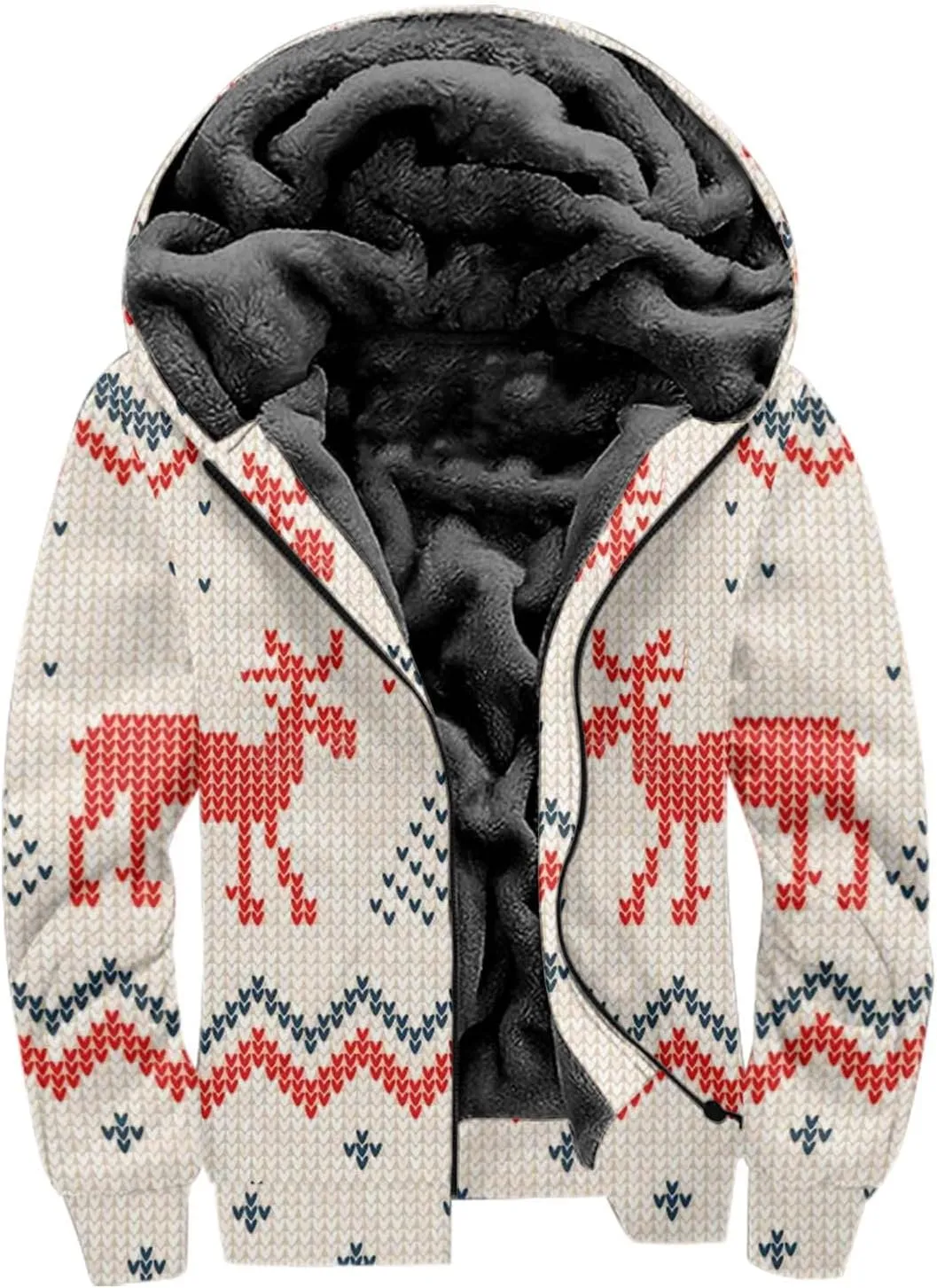 Christmas Hoodies for Men Fleece Lined Xmas Deer Snowman Digital 3D Print Zipper Cardigan Coat Thermal Winter Outwear