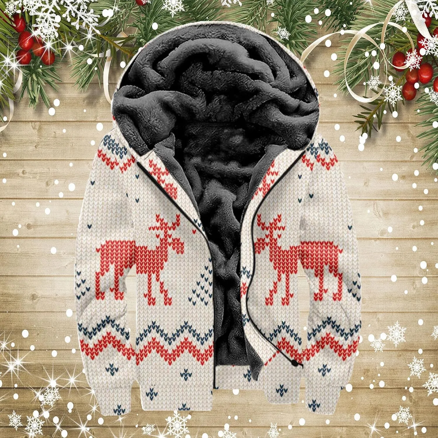 Christmas Hoodies for Men Fleece Lined Xmas Deer Snowman Digital 3D Print Zipper Cardigan Coat Thermal Winter Outwear