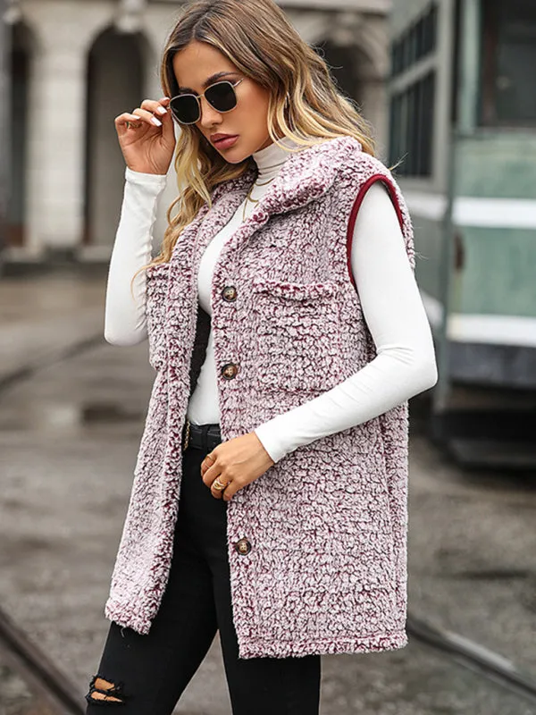 Fluffy Faux-Fur Mid-Length Collar Vest with Flap Pockets