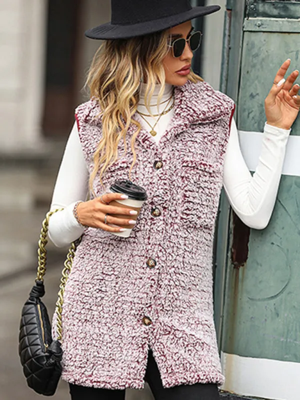 Fluffy Faux-Fur Mid-Length Collar Vest with Flap Pockets