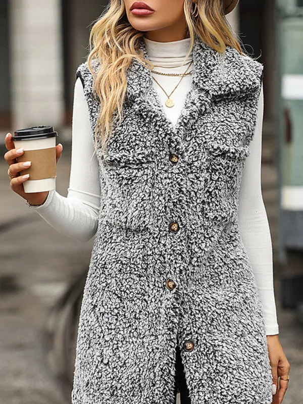 Fluffy Faux-Fur Mid-Length Collar Vest with Flap Pockets