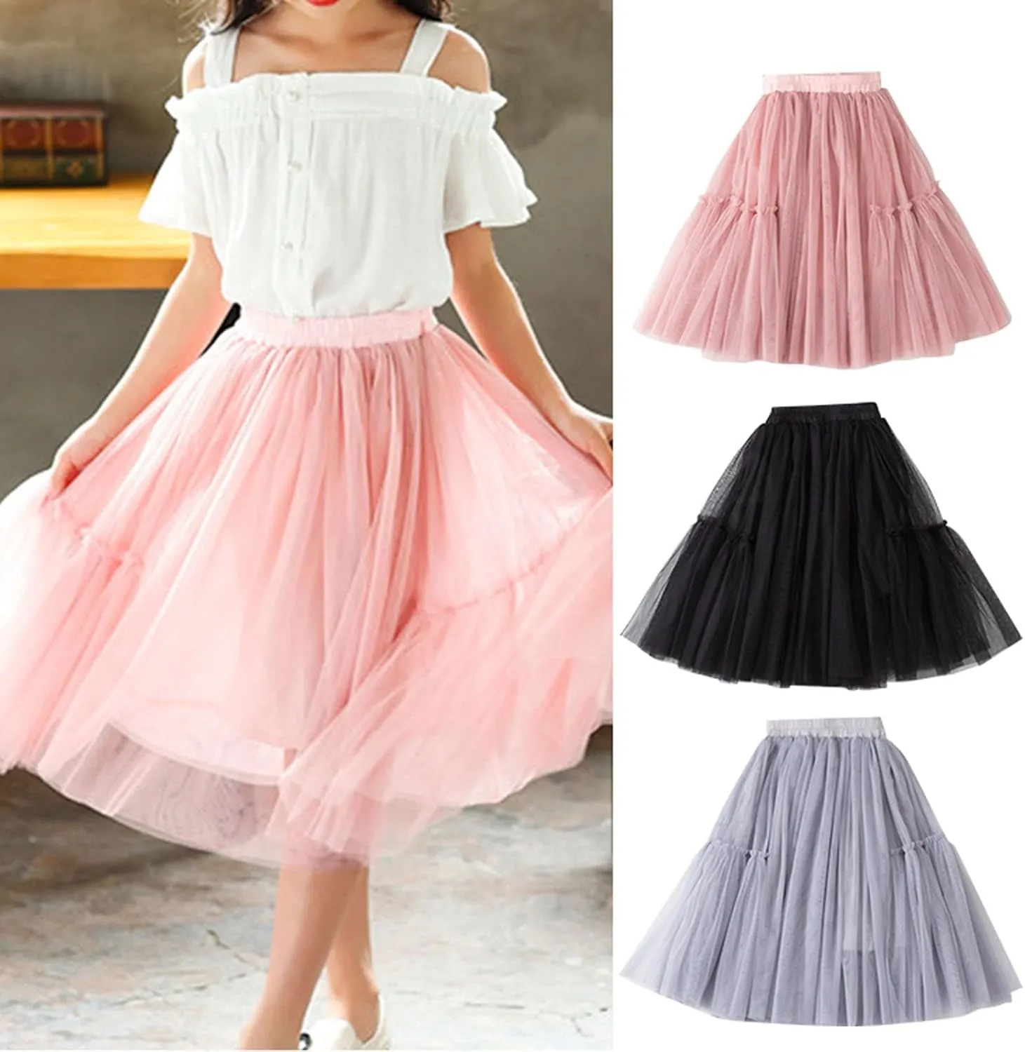 Girls Elastic Waist Tutu Long Skirt Petticoat Tiered Ruffle Maxi Skirts Soft Puffy Skirt Casual A-Line Tulle Dress