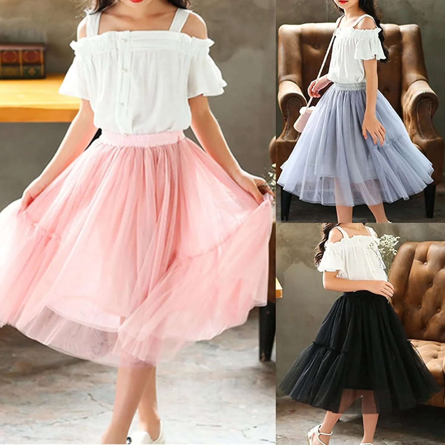 Girls Elastic Waist Tutu Long Skirt Petticoat Tiered Ruffle Maxi Skirts Soft Puffy Skirt Casual A-Line Tulle Dress