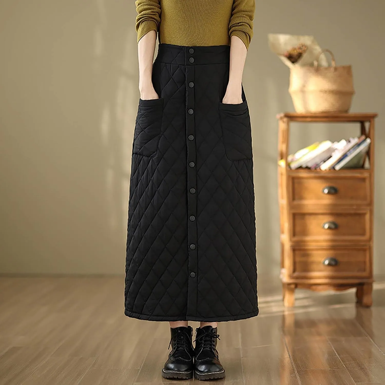 HGps8w Women's Button Front Winter Quilted Skirt, Elastic High Waisted Insulated Thicken Warm Maxi Down Skirts with Pockets