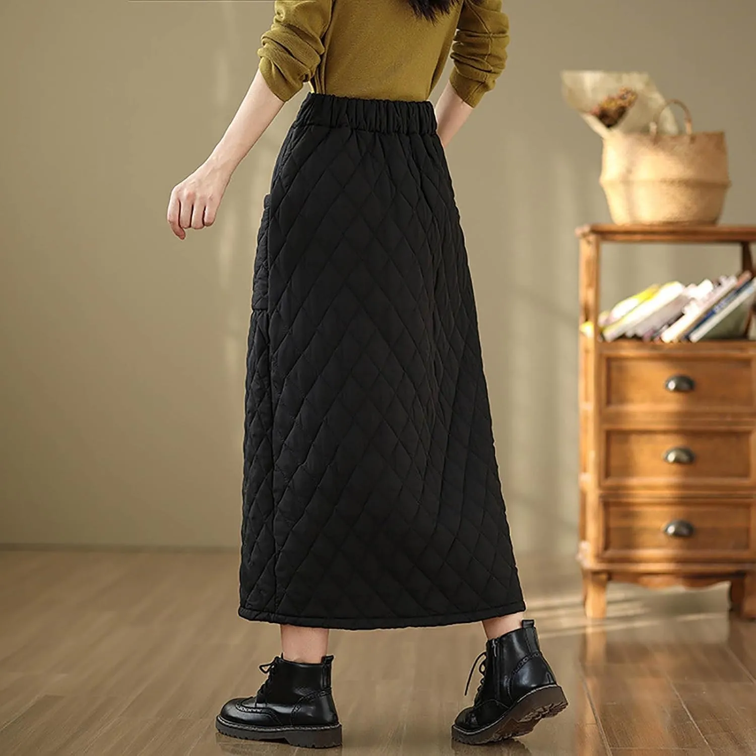 HGps8w Women's Button Front Winter Quilted Skirt, Elastic High Waisted Insulated Thicken Warm Maxi Down Skirts with Pockets