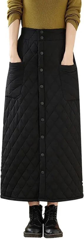 HGps8w Women's Button Front Winter Quilted Skirt, Elastic High Waisted Insulated Thicken Warm Maxi Down Skirts with Pockets