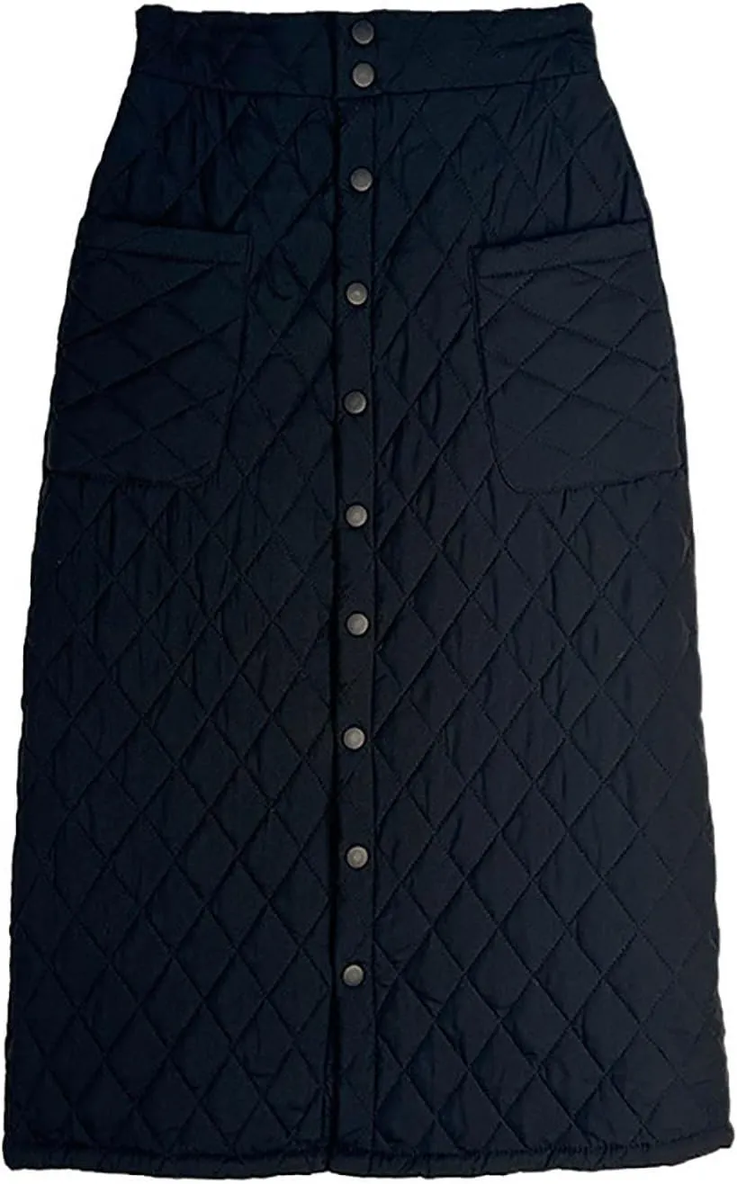 HGps8w Women's Button Front Winter Quilted Skirt, Elastic High Waisted Insulated Thicken Warm Maxi Down Skirts with Pockets