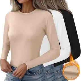 Huukeay 3 Pack Women's Thermal Shirts Long Sleeve De Velvet Lined Underwear Tops Crew Neck Slim Fit Basic Base Layer Tee