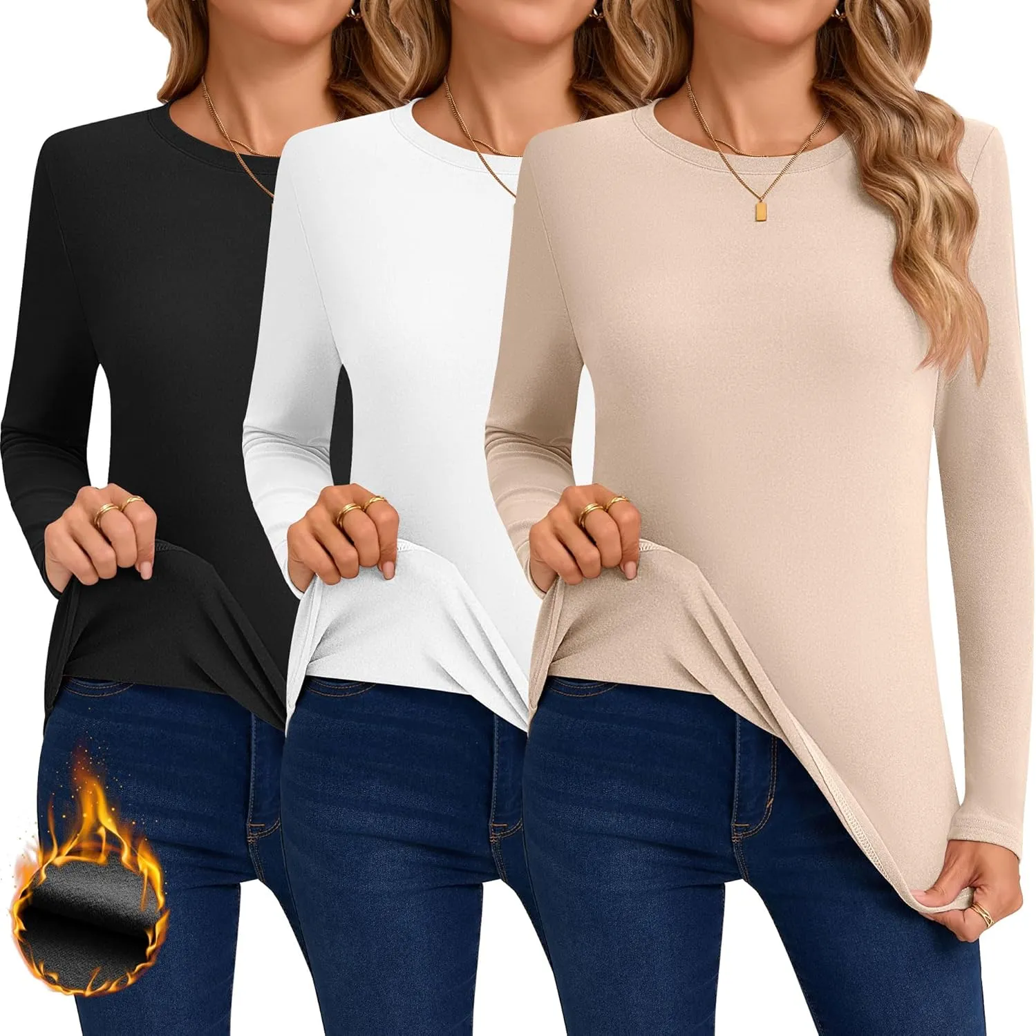 Huukeay 3 Pack Women's Thermal Shirts Long Sleeve De Velvet Lined Underwear Tops Crew Neck Slim Fit Basic Base Layer Tee