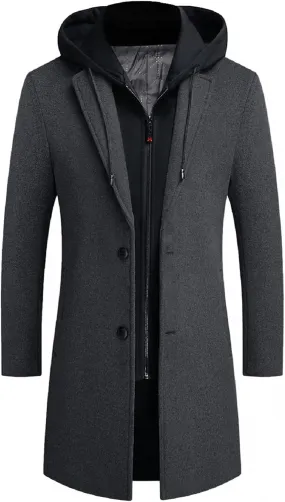 iCKER Mens Trench Coat Winter Wool Blend Jacket Overcoat Long Top Coat Warm Pea Coat