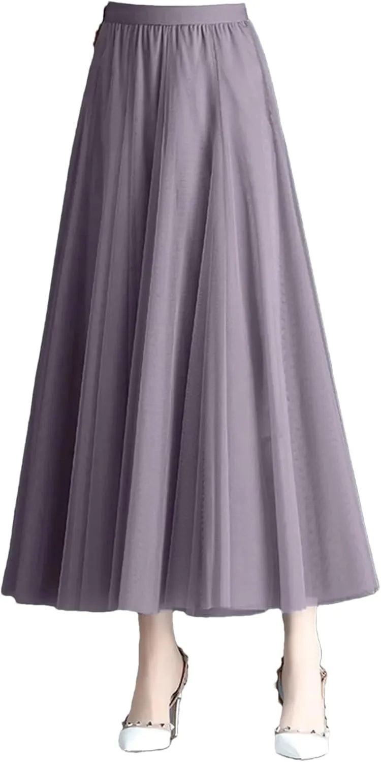 Korean Style Mesh Long Skirt Tiered Tulle Skirts for Women Elegant A Line High Waist Gown Gauze Skirt