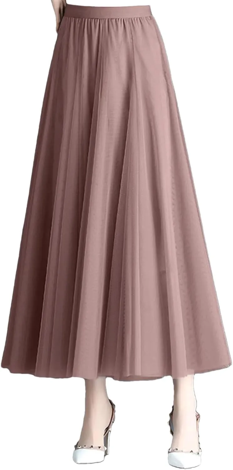 Korean Style Mesh Long Skirt Tiered Tulle Skirts for Women Elegant A Line High Waist Gown Gauze Skirt