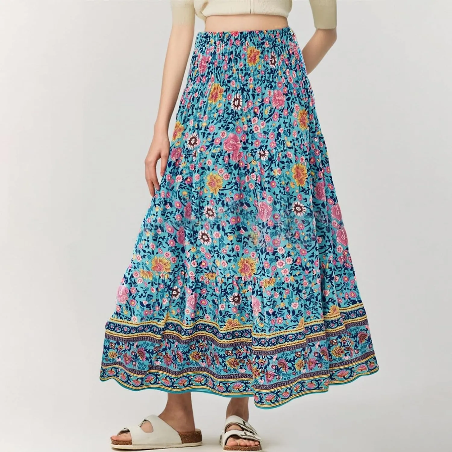 Long Boho Skirts for Women Summer Tiered Floral Maxi Skirt Elastic High Waisted A Line Skirt Pleated Flowy Beach Skirts