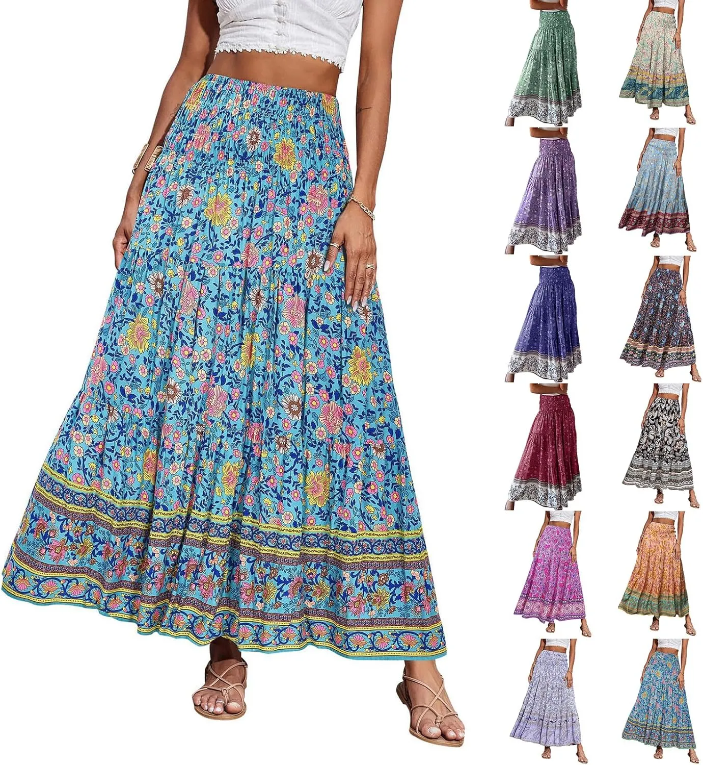 Long Boho Skirts for Women Summer Tiered Floral Maxi Skirt Elastic High Waisted A Line Skirt Pleated Flowy Beach Skirts