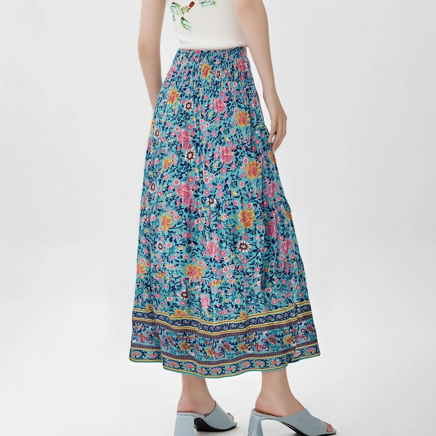 Long Boho Skirts for Women Summer Tiered Floral Maxi Skirt Elastic High Waisted A Line Skirt Pleated Flowy Beach Skirts