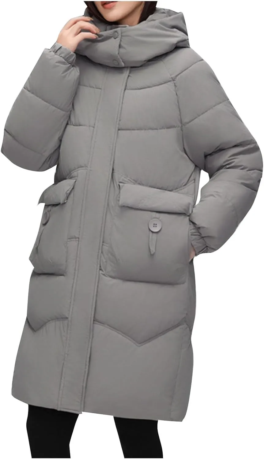Long Down Puffer Jackets for Women Heavyweight Thicken Quilted Padded Coats Hooded Windproof Parka Military Jackets