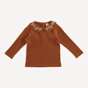long sleeve leaf embroidered peter pan tee | brown sugar | organic cotton thermal