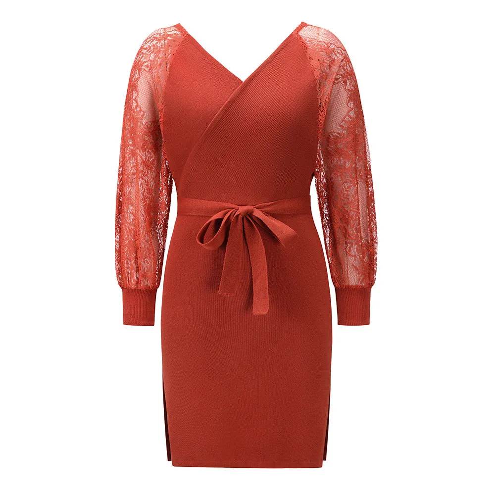 Long-Sleeved Lace Knitted Slim Fit Wholesale Dresses