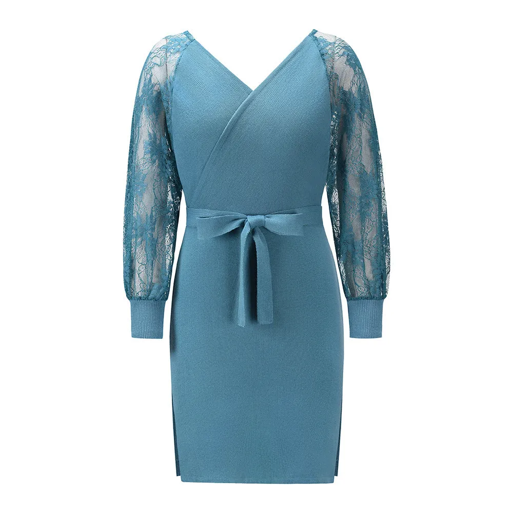 Long-Sleeved Lace Knitted Slim Fit Wholesale Dresses