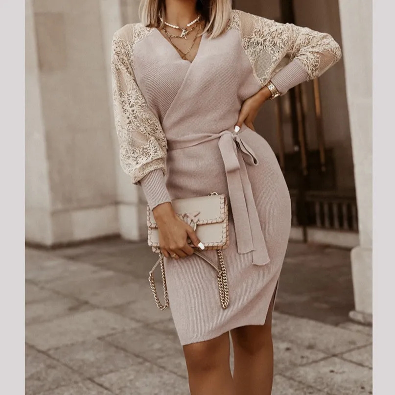 Long-Sleeved Lace Knitted Slim Fit Wholesale Dresses