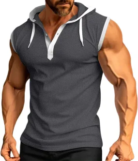 Men's Compression Shirts Trendy V Neck Hooded Pullover Tops Sleeveless Slim Fit Sweatshirt Bodybuilding Gym Tee Solid
