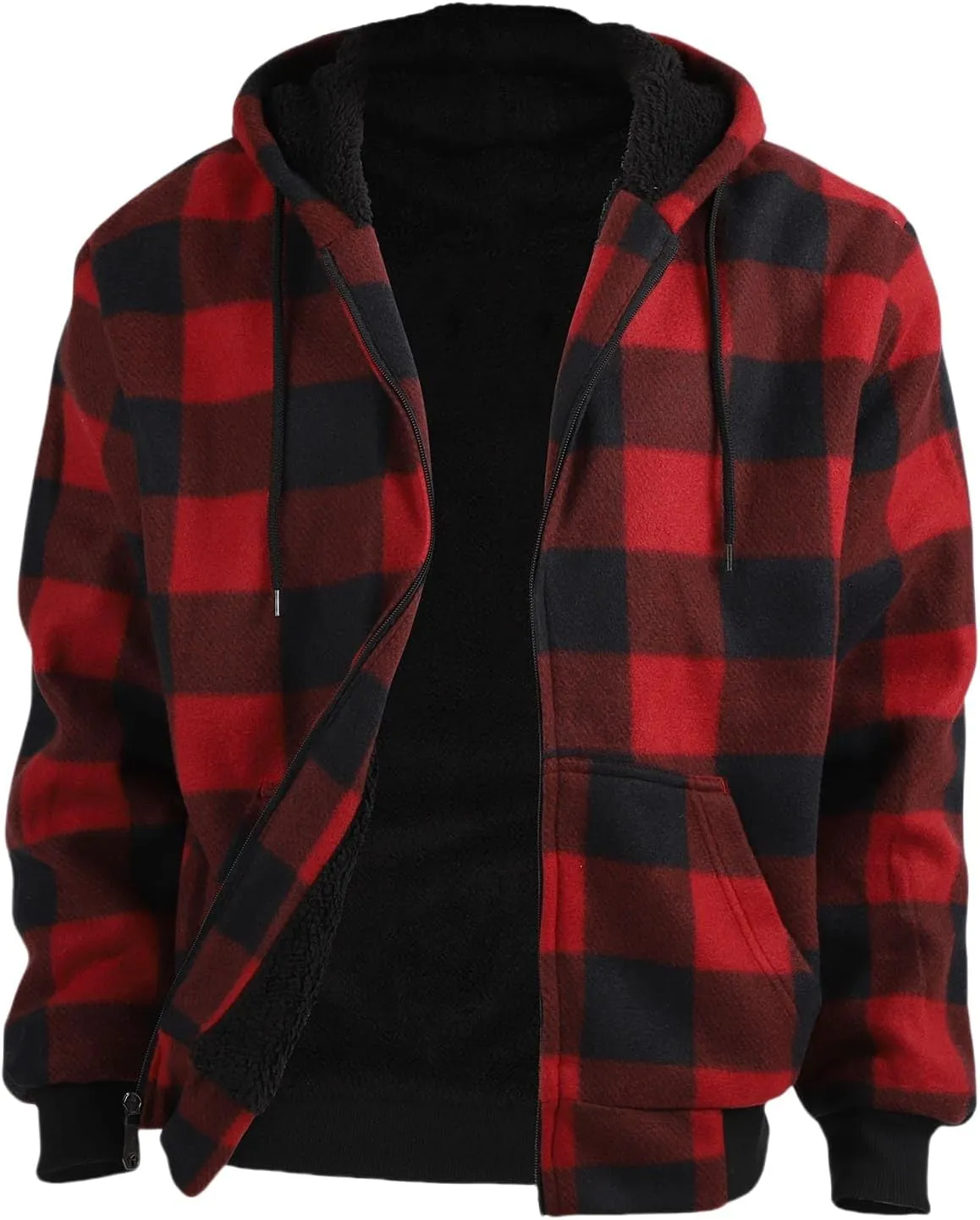Mens Plaid Hoodie Sherpa Lined Fleece Jacket Thick Warm Winter Coats Heavy Weight Hooded Sweatshirt Casual Outerwear