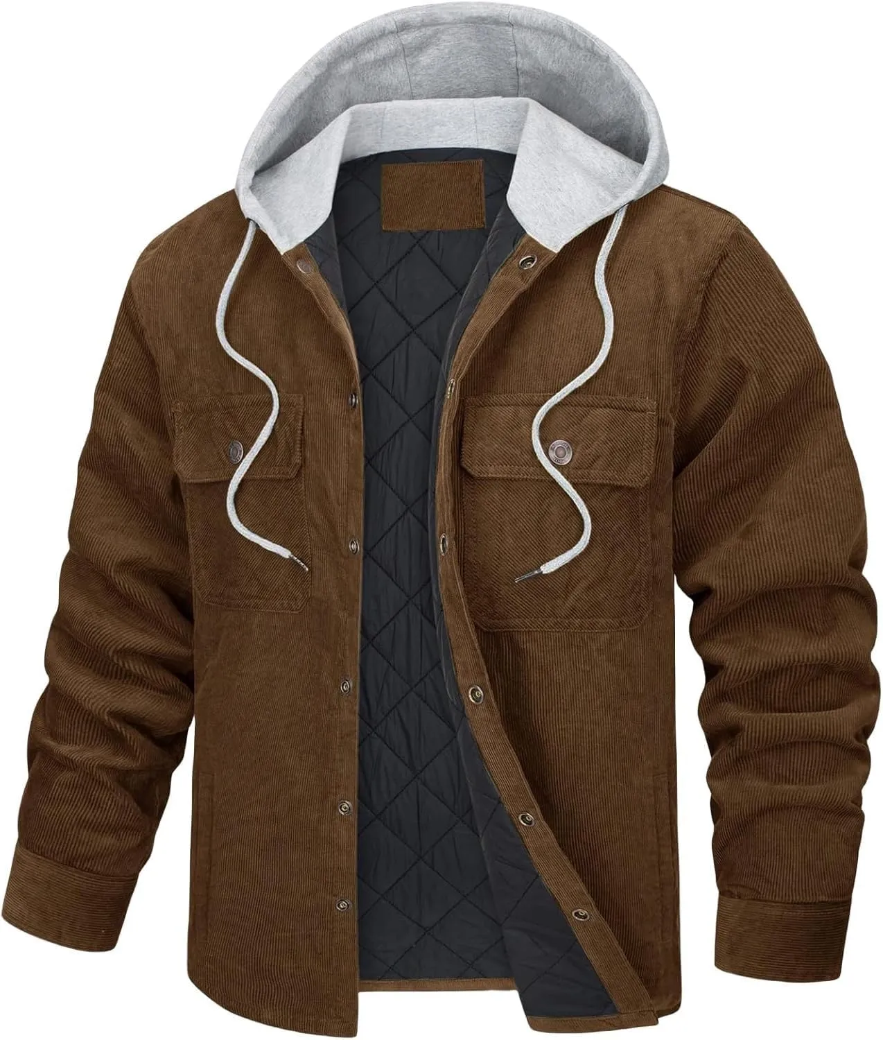 Men's Quilted Lined Padded Hoodies Winter Warm Corduroy Casual Pockets Hooded Button Down Jackets Coats
