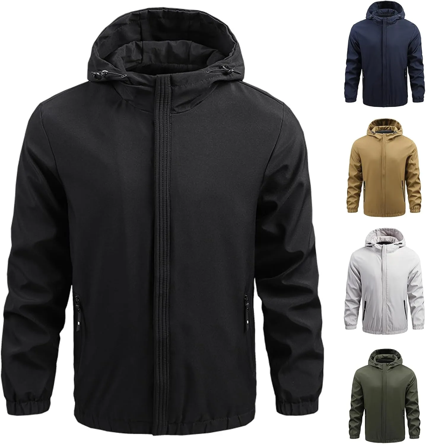 Mens Raincoat Waterproof Lightweight Hiking Jacket Hooded Windbreaker Zip Up Coat for Travel, Fishing Sport Outwear
