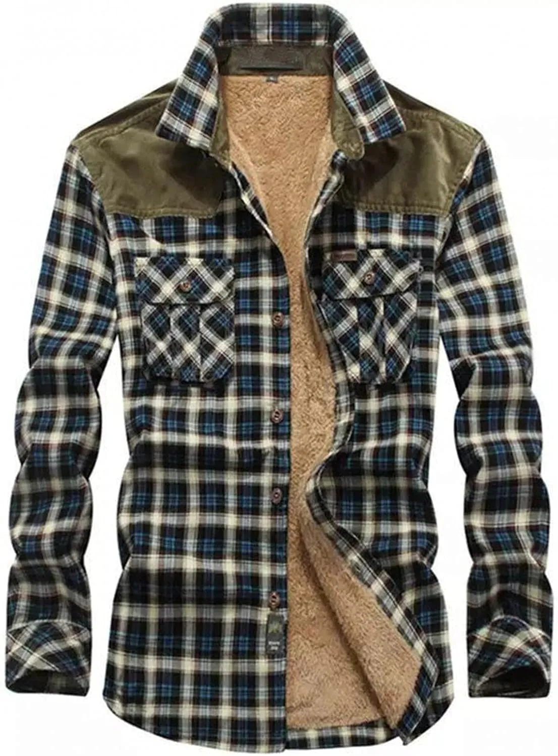Mens Warm Sherpa Fleece Lined Shirt Jackets Button Down Thermal Plaid Flannel Coats Fall Winter Outwears
