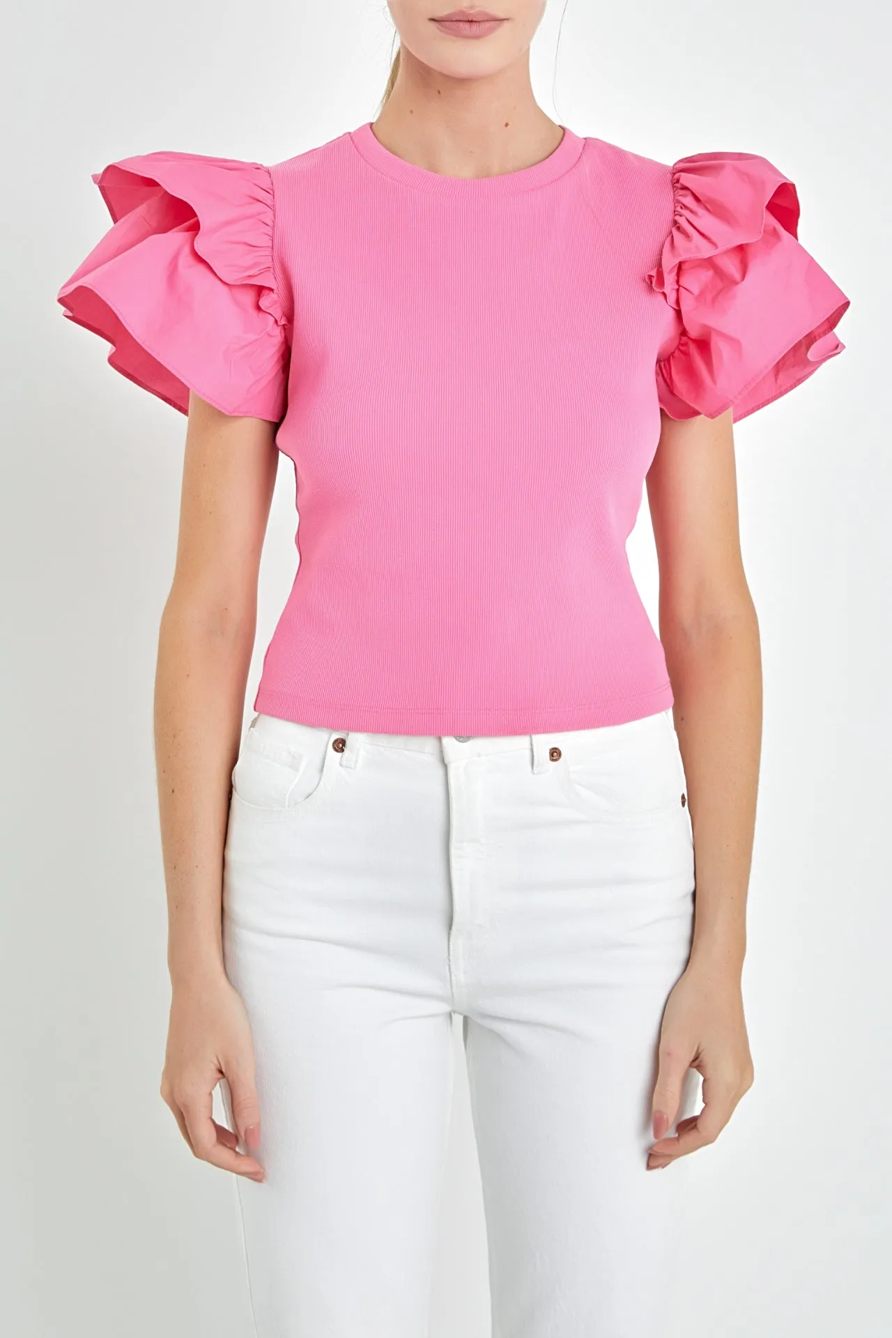 Mixed Media Ruffled Knit Top