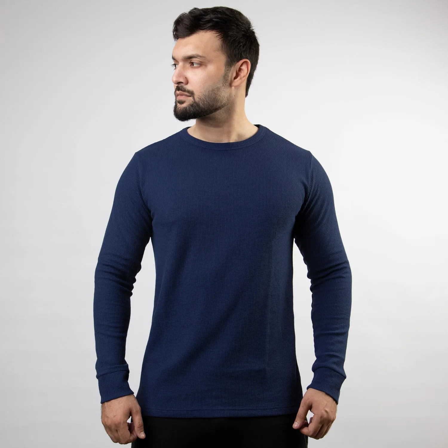 Navy Thermal Full Sleeves Waffle-Knit