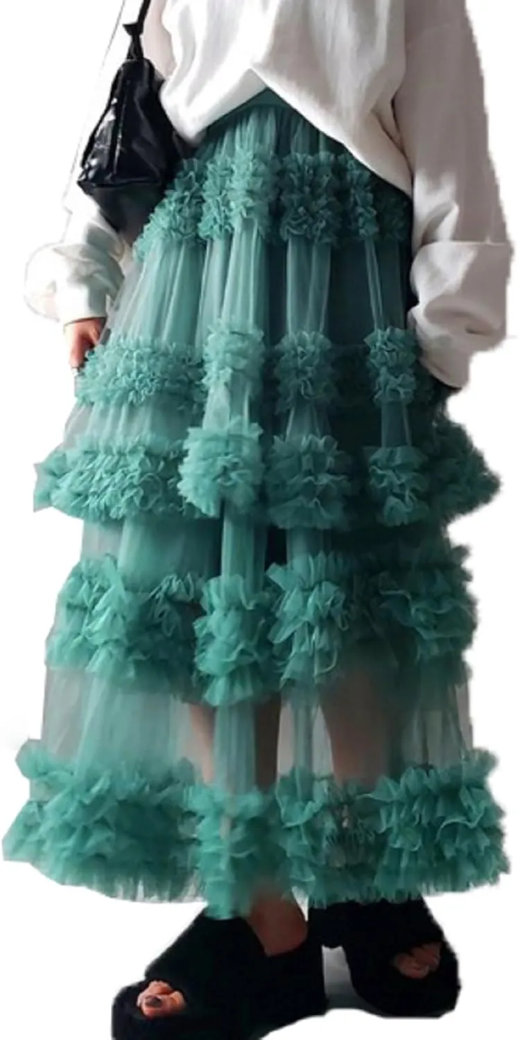 NUFIWI Women Puffy Tulle Maxi Skirt Layered A Line Tiered Ruffle Long Skirts Mesh Tutu Skirt Petticoat