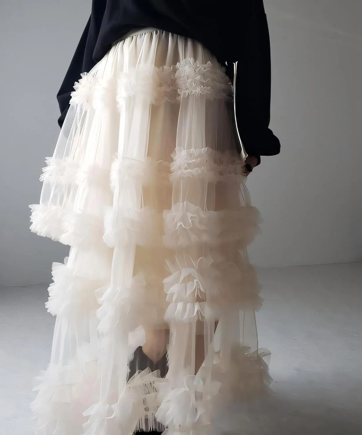 NUFIWI Women Puffy Tulle Maxi Skirt Layered A Line Tiered Ruffle Long Skirts Mesh Tutu Skirt Petticoat