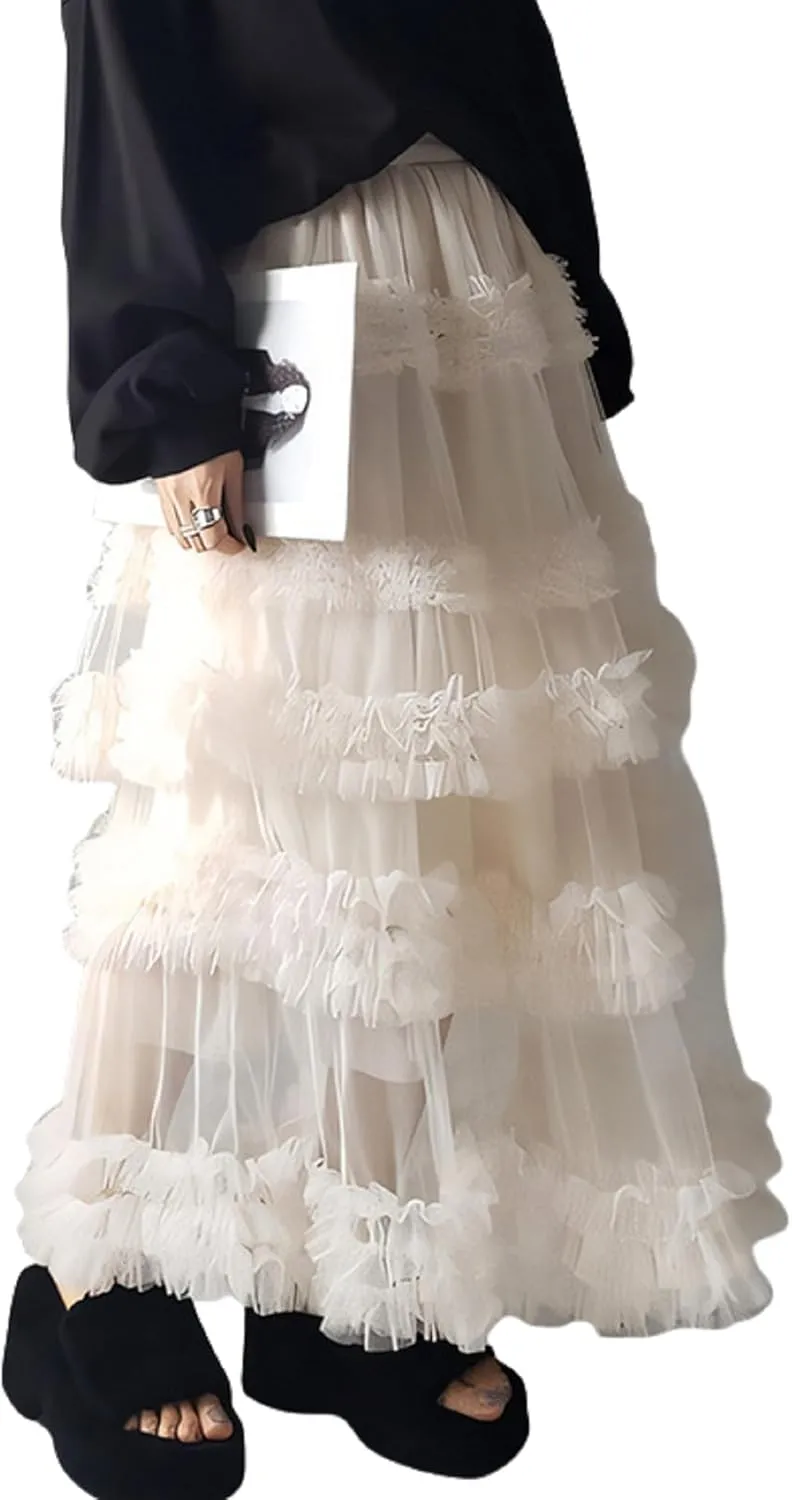NUFIWI Women Puffy Tulle Maxi Skirt Layered A Line Tiered Ruffle Long Skirts Mesh Tutu Skirt Petticoat