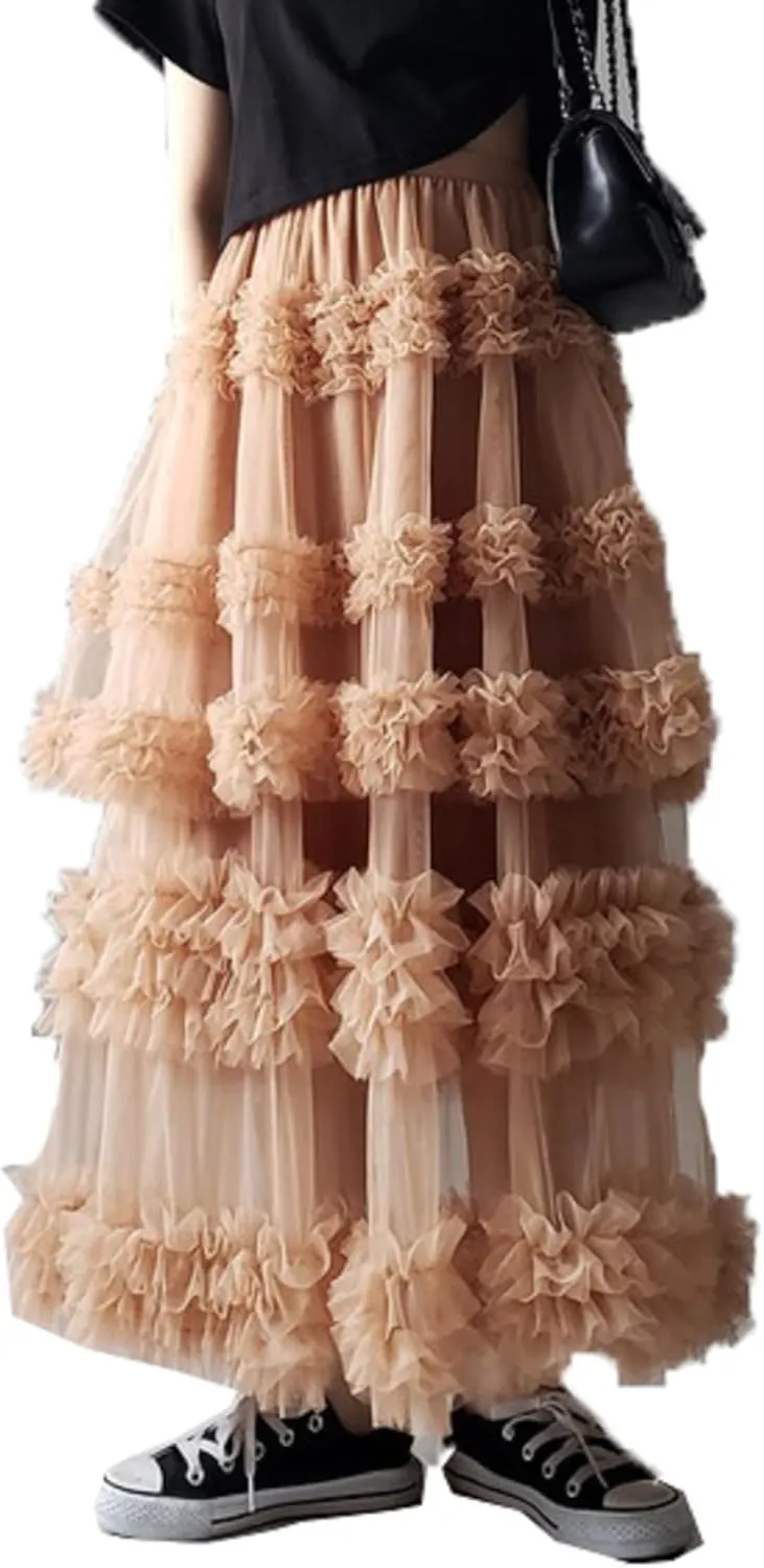 NUFIWI Women Puffy Tulle Maxi Skirt Layered A Line Tiered Ruffle Long Skirts Mesh Tutu Skirt Petticoat