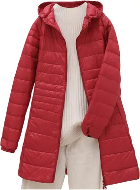 Packable Puffer Jacket Women Lightweight Padded Coats with Hood Long Winter Warm Casual Travel Down Jackets