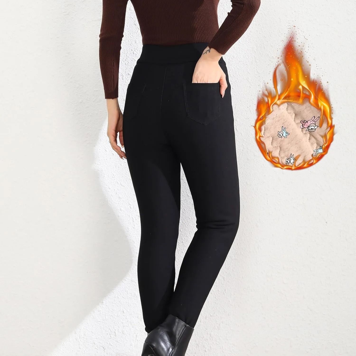 Plus Size Thermal Leggings Women High Waisted Tummy Control Tights Knee Pads Thick Warm Stretchy Fleece Lined Pants